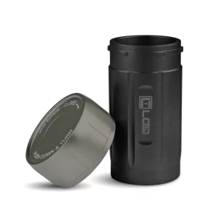a black body and gray cap corloq everyday carry bug out tactical container shown with cap removed