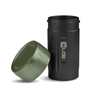 a black body and green cap corloq everyday carry bug out tactical container shown with cap removed