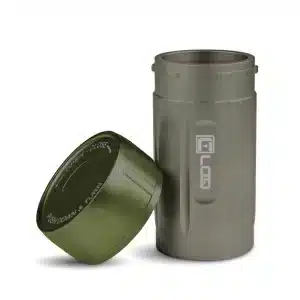 a gray body and green cap corloq everyday carry bug out tactical container shown with cap removed