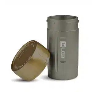 a gray body and tan cap corloq everyday carry bug out tactical container shown with cap removed