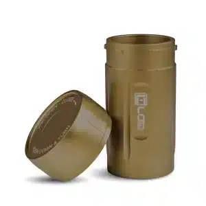 a tan body and tan cap corloq everyday carry bug out tactical container shown with cap removed