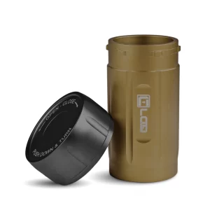 a tan body and black cap corloq everyday carry bug out tactical container shown with cap removed