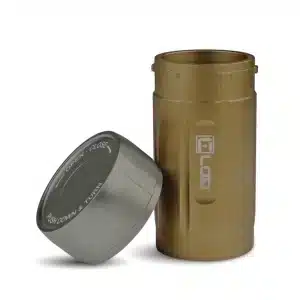 a tan body and gray cap corloq everyday carry bug out tactical container shown with cap removed