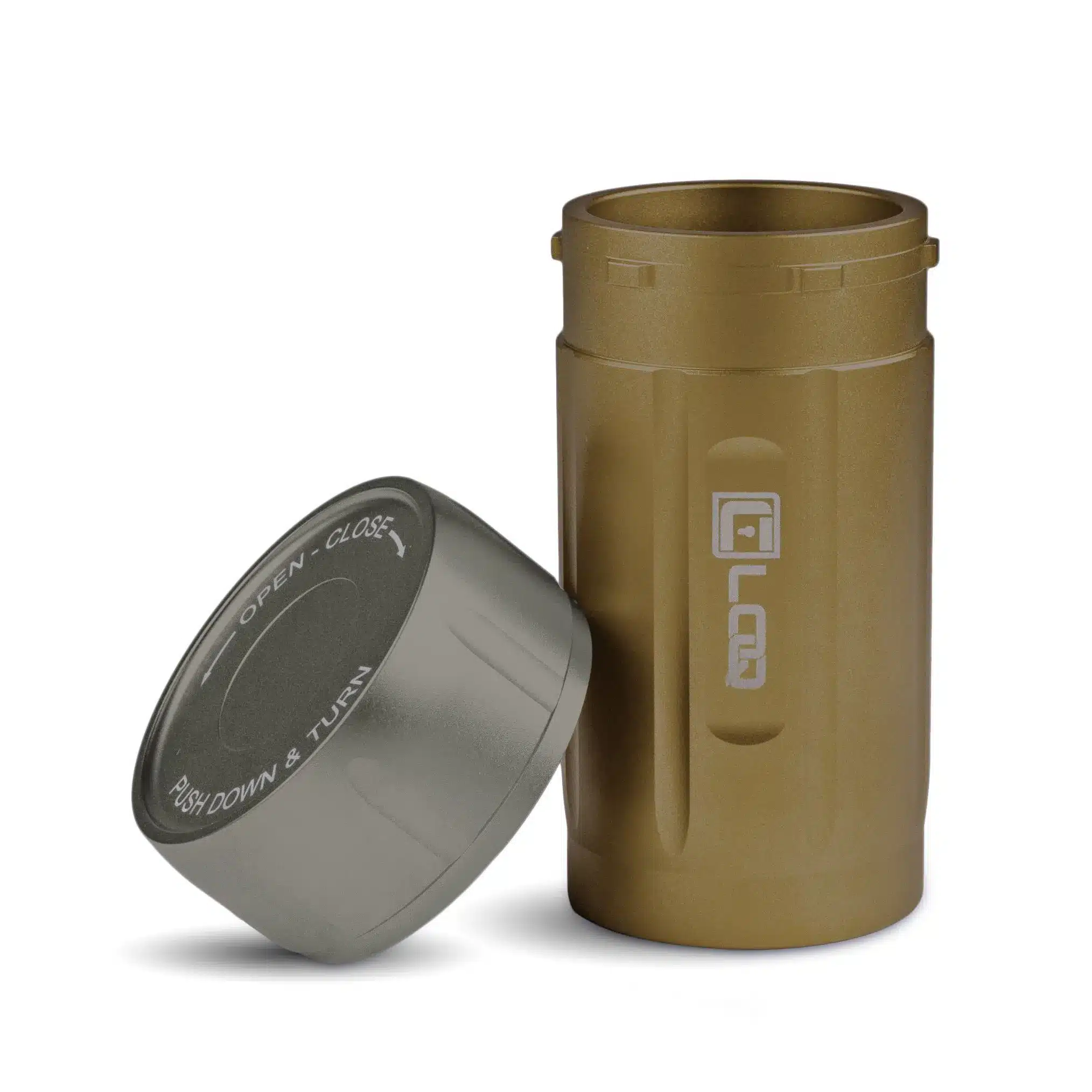 a tan body and gray cap corloq everyday carry bug out tactical container shown with cap removed