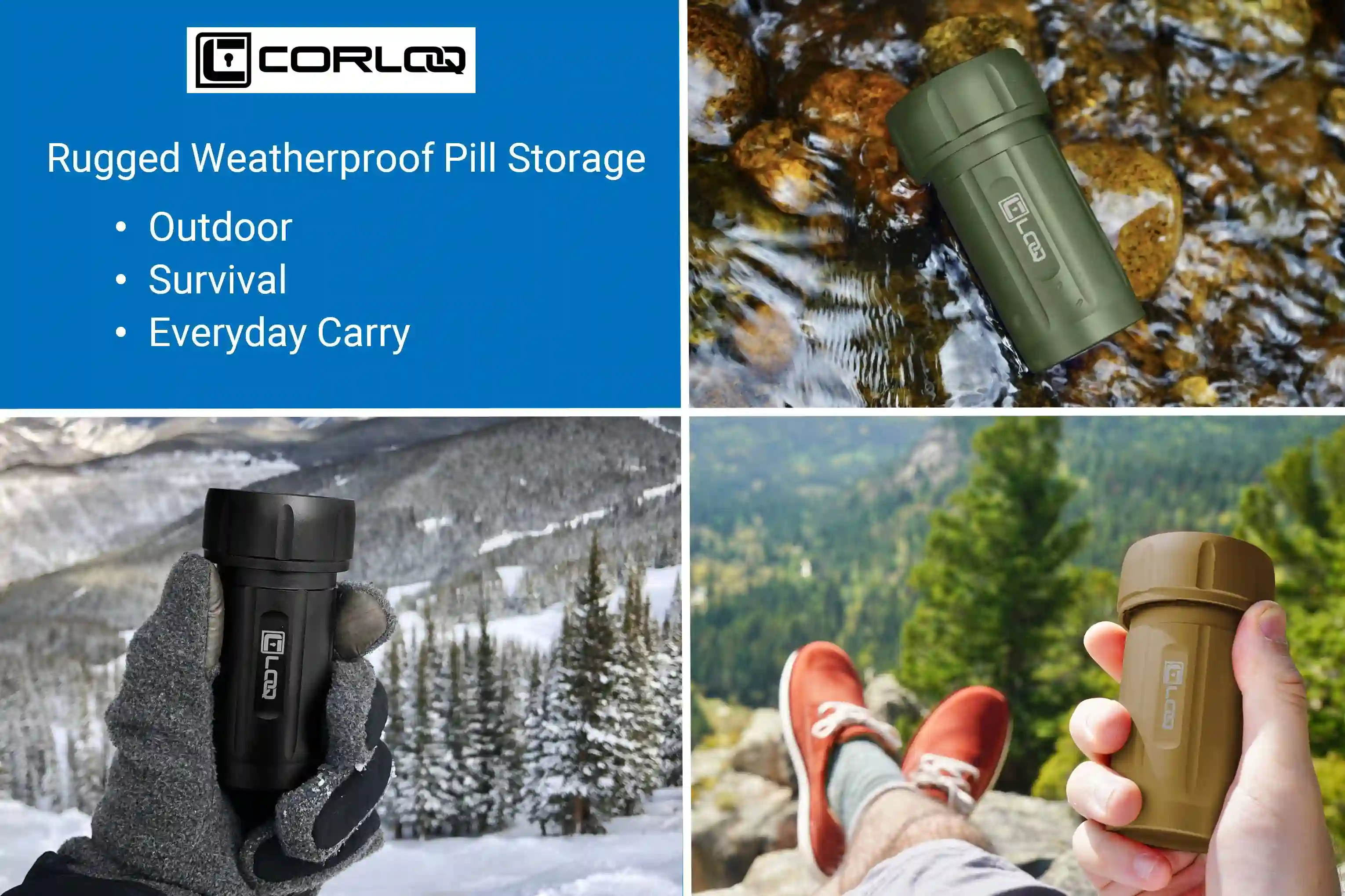 corloq pill cases features and products shown in various outdoor applications